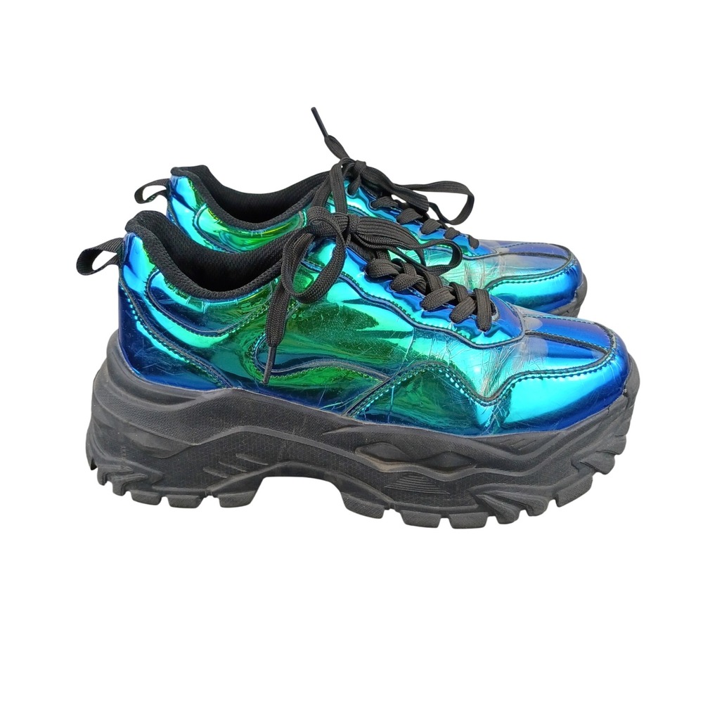 Blue Green Iridescent Metallic Chunky Platform Sneakers Women's 7 Rave Shoes